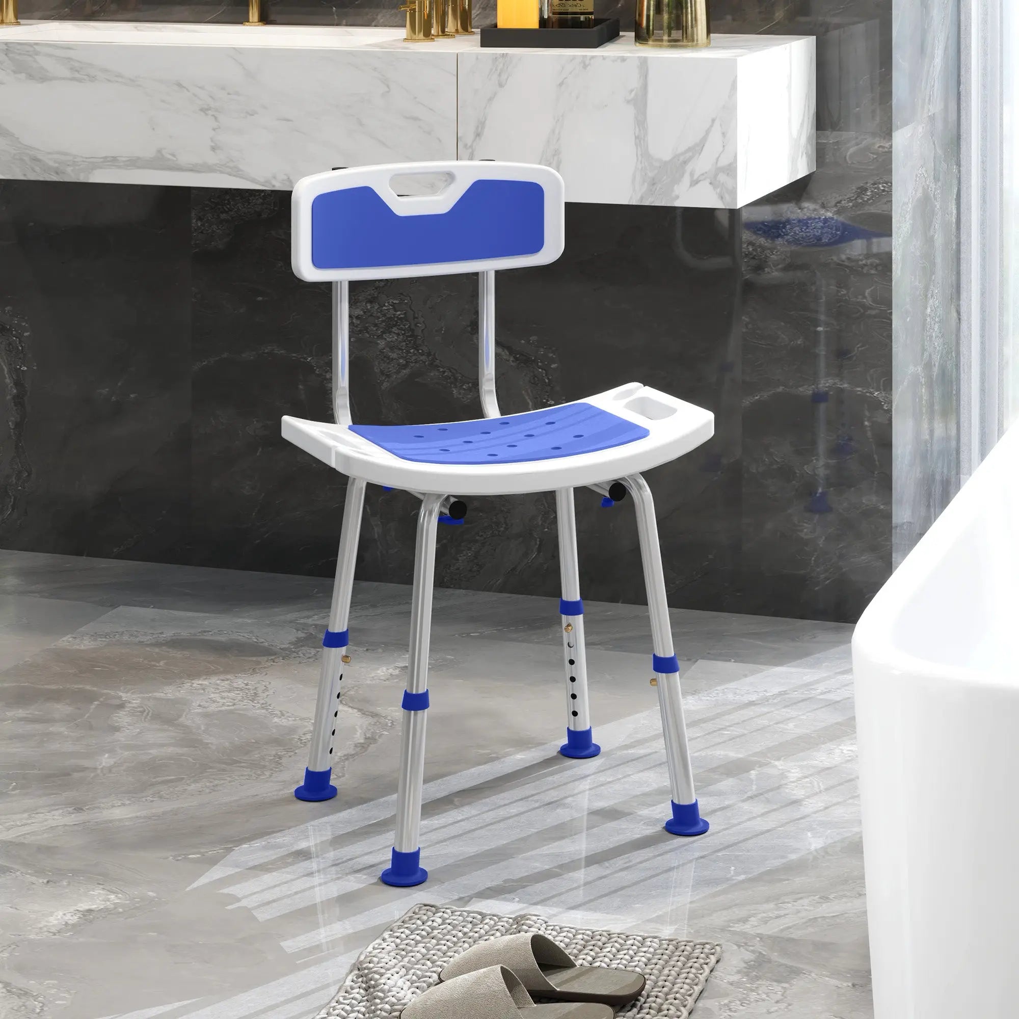 HOMCOM Shower Stool with Backrest, Height Adjustable Shower Chair with Anti-slip Foot Pads, Shower Head Holder, Blue 