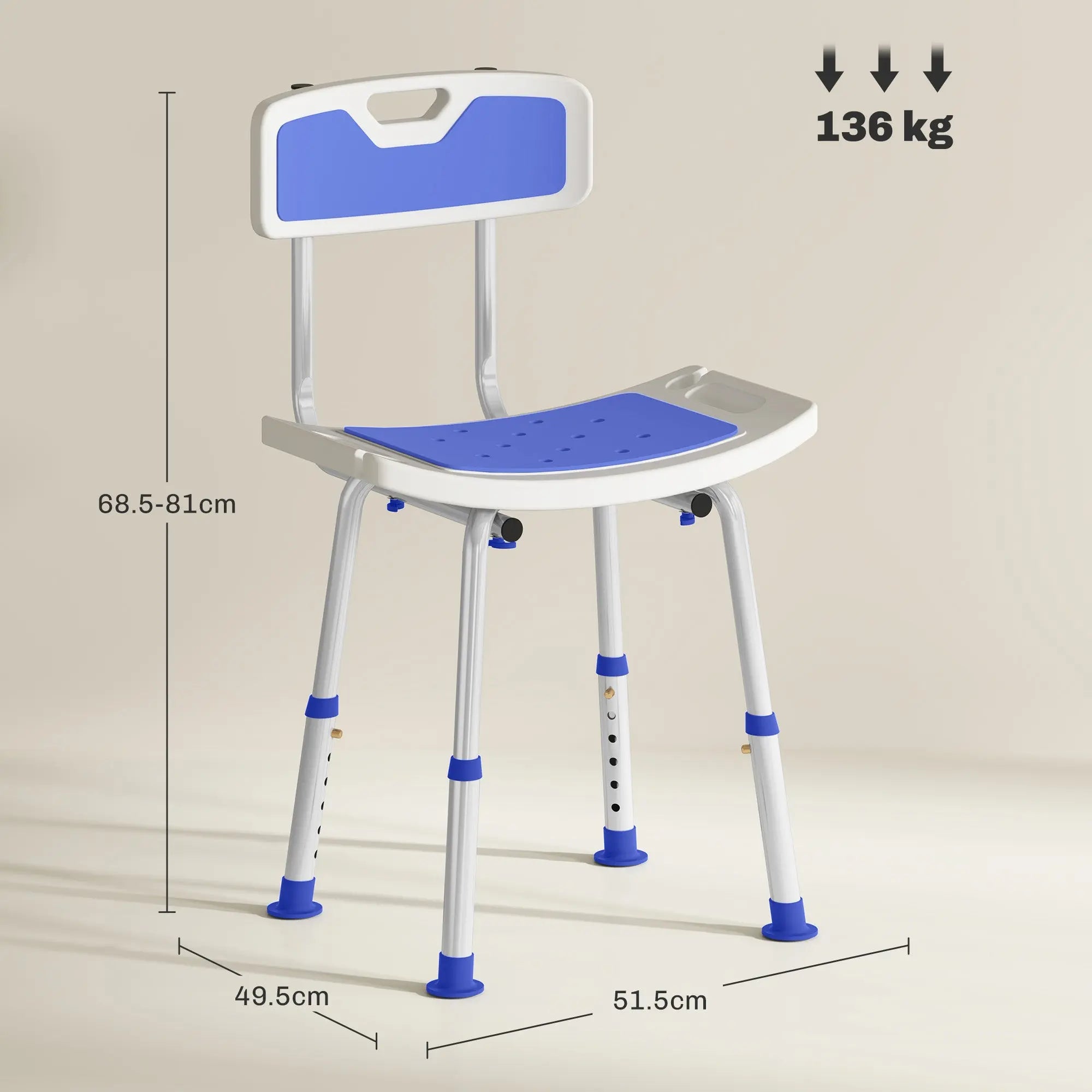 HOMCOM Shower Stool with Backrest, Height Adjustable Shower Chair with Anti-slip Foot Pads, Shower Head Holder, Blue 