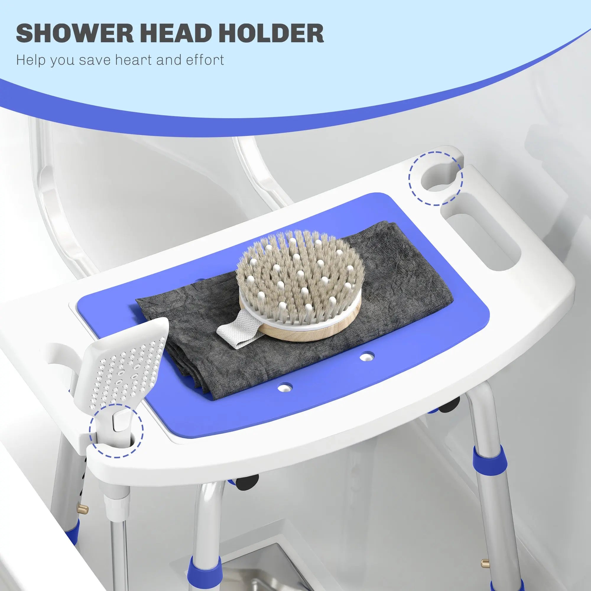 HOMCOM Shower Stool with Backrest, Height Adjustable Shower Chair with Anti-slip Foot Pads, Shower Head Holder, Blue 