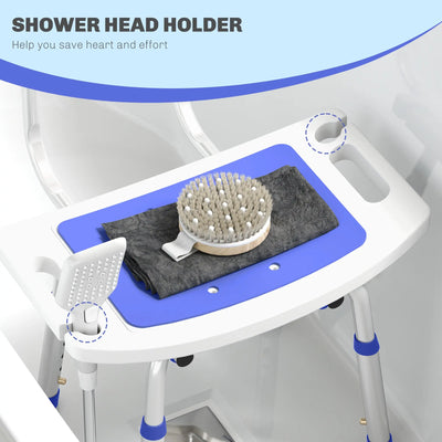 HOMCOM Shower Stool with Backrest, Height Adjustable Shower Chair with Anti-slip Foot Pads, Shower Head Holder, Blue 