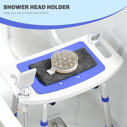 HOMCOM Shower Stool with Backrest, Height Adjustable Shower Chair with Anti-slip Foot Pads, Shower Head Holder, Blue 