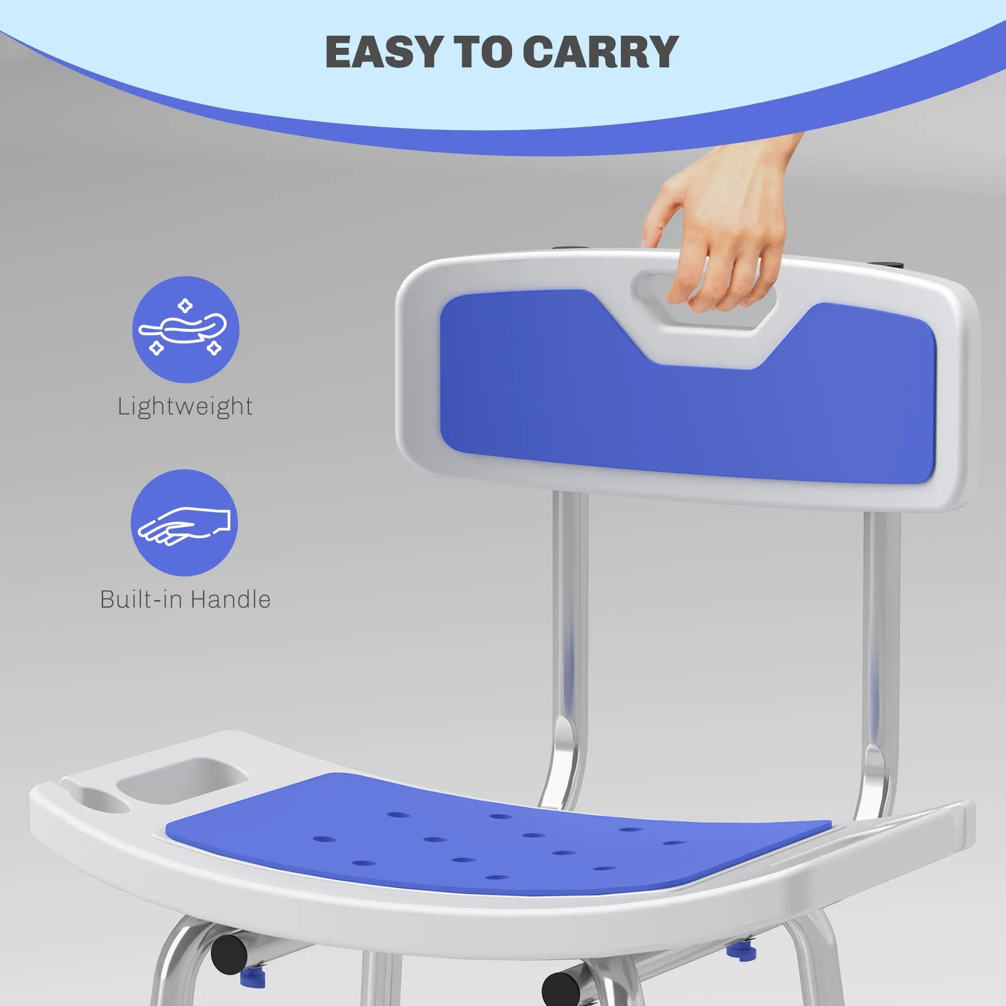 HOMCOM Shower Stool with Backrest, Height Adjustable Shower Chair with Anti-slip Foot Pads, Shower Head Holder, Blue 