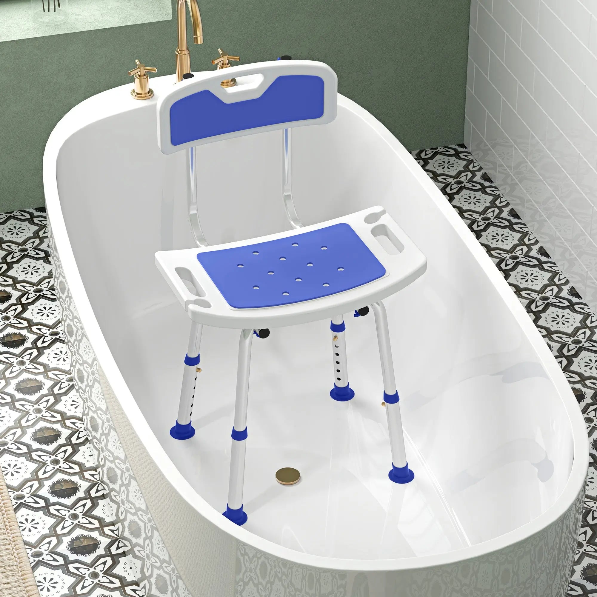 HOMCOM Shower Stool with Backrest, Height Adjustable Shower Chair with Anti-slip Foot Pads, Shower Head Holder, Blue 