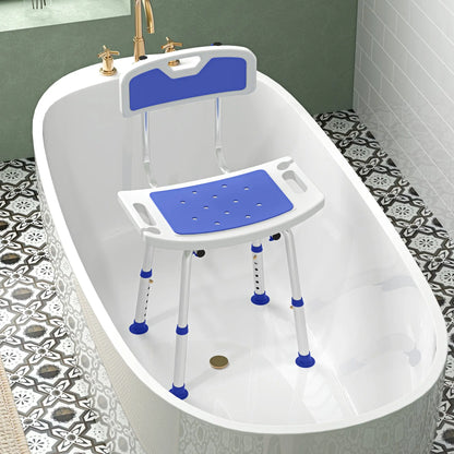 HOMCOM Shower Stool with Backrest, Height Adjustable Shower Chair with Anti-slip Foot Pads, Shower Head Holder, Blue 