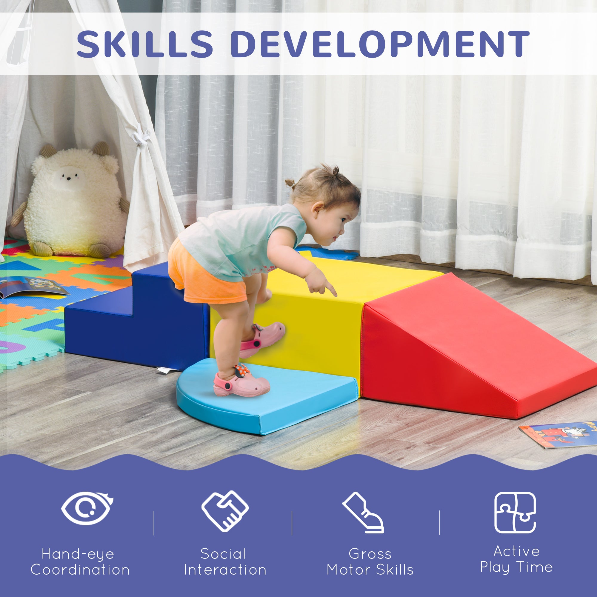 HOMCOM Soft Play 4-piece Climb and Crawl Foam Toddler Stairs and Ramp Colorful Children's Educational Software Activity Toys for Baby Preschooler 
