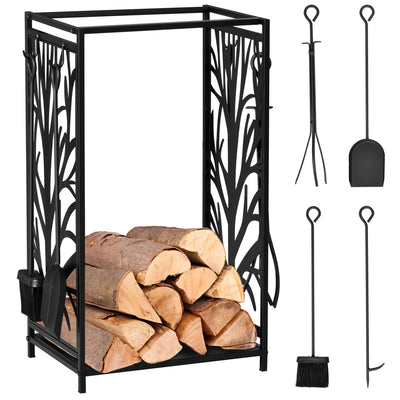 HOMCOM Steel Firewood Log Holder Indoor Outdoor Firewood Rack Fireplace Wood Storage Shelf with 4 Tools, Hooks, Tree Pattern Design, Rust-Resistant, Black, 46W x 30D x 70H cm 