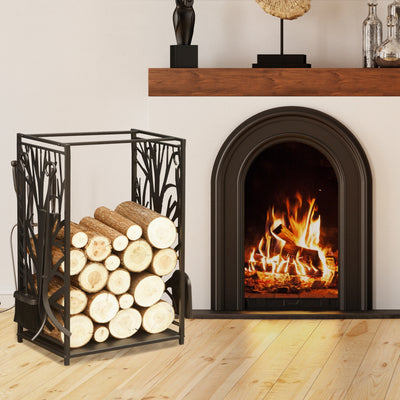 HOMCOM Steel Firewood Log Holder Indoor Outdoor Firewood Rack Fireplace Wood Storage Shelf with 4 Tools, Hooks, Tree Pattern Design, Rust-Resistant, Black, 46W x 30D x 70H cm 