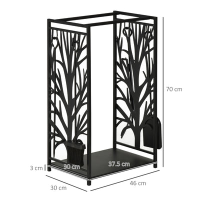 HOMCOM Steel Firewood Log Holder Indoor Outdoor Firewood Rack Fireplace Wood Storage Shelf with 4 Tools, Hooks, Tree Pattern Design, Rust-Resistant, Black, 46W x 30D x 70H cm 