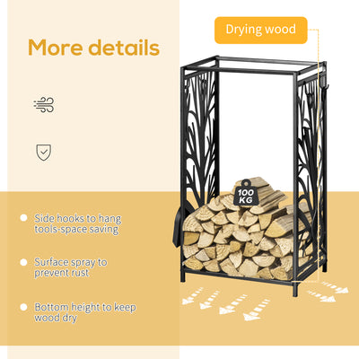 HOMCOM Steel Firewood Log Holder Indoor Outdoor Firewood Rack Fireplace Wood Storage Shelf with 4 Tools, Hooks, Tree Pattern Design, Rust-Resistant, Black, 46W x 30D x 70H cm 