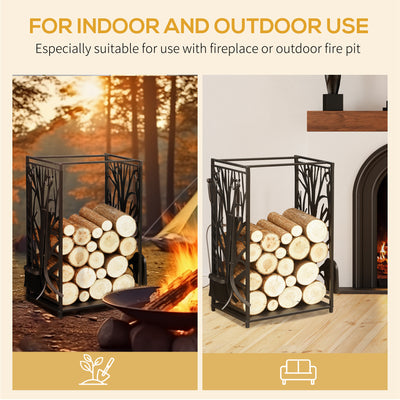 HOMCOM Steel Firewood Log Holder Indoor Outdoor Firewood Rack Fireplace Wood Storage Shelf with 4 Tools, Hooks, Tree Pattern Design, Rust-Resistant, Black, 46W x 30D x 70H cm 