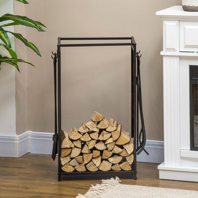 HOMCOM Steel Firewood Log Holder Indoor Outdoor Firewood Rack Fireplace Wood Storage Shelf with 4 Tools, Hooks, Tree Pattern Design, Rust-Resistant, Black, 46W x 30D x 70H cm 