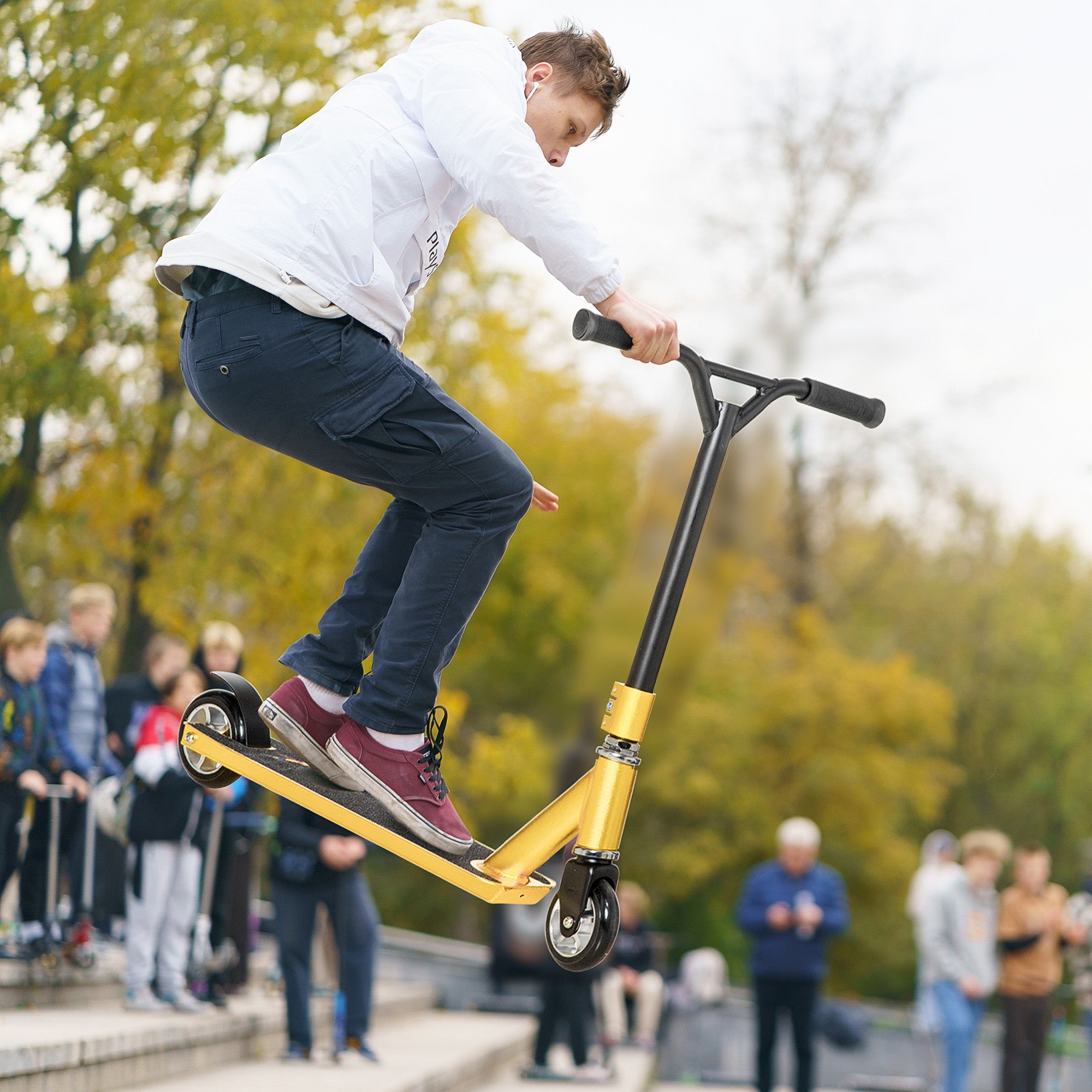HOMCOM Stunt Scooter, 360° Entry Level Tricks Scooter w/ Lightweight Aluminium Deck and ABEC 7 Bearing, For Age 14+ Beginners, Gold Tone 