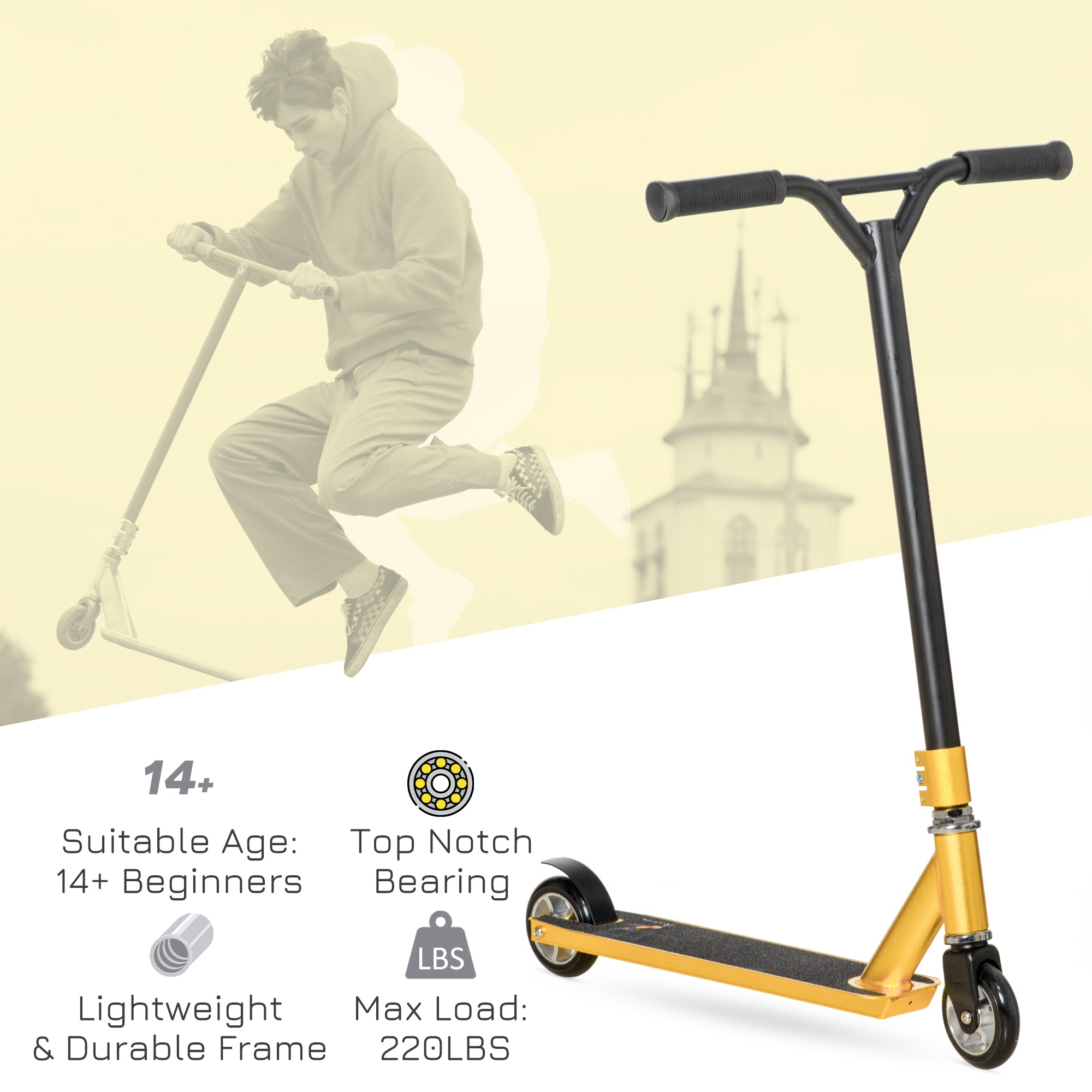 HOMCOM Stunt Scooter, 360° Entry Level Tricks Scooter w/ Lightweight Aluminium Deck and ABEC 7 Bearing, For Age 14+ Beginners, Gold Tone 
