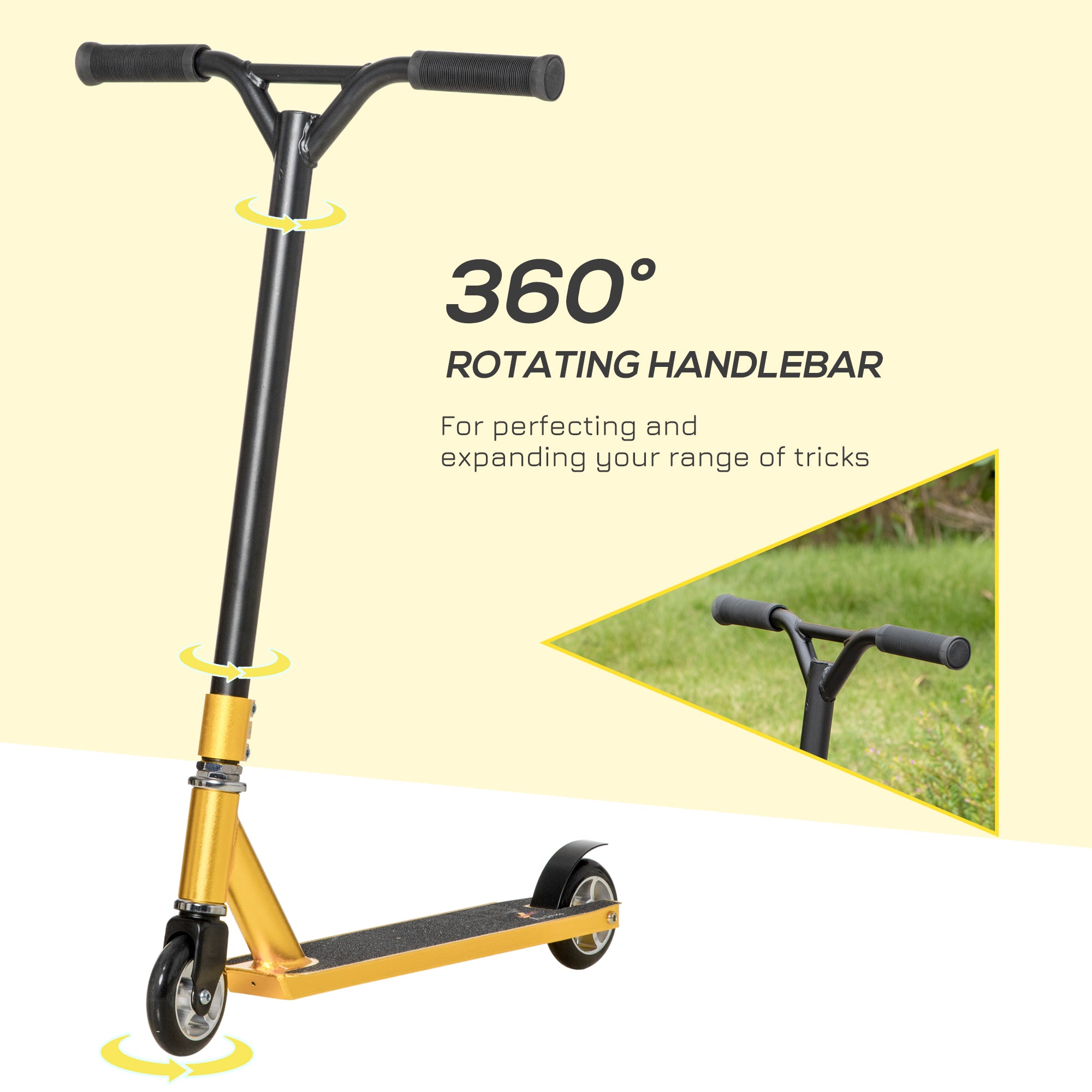 HOMCOM Stunt Scooter, 360° Entry Level Tricks Scooter w/ Lightweight Aluminium Deck and ABEC 7 Bearing, For Age 14+ Beginners, Gold Tone 