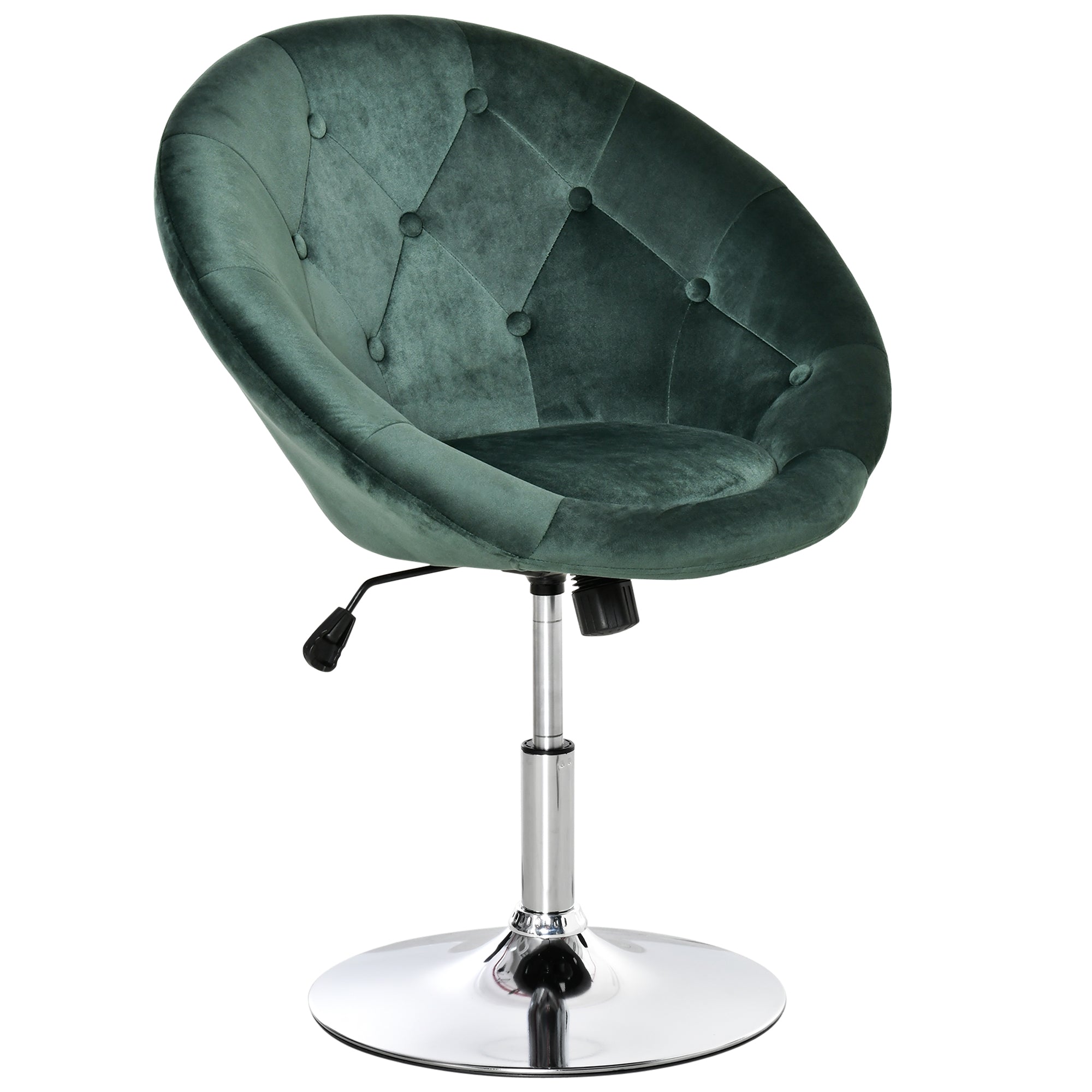 HOMCOM Swivel Dressing Stool, Velvet-feel Upholstered Vanity Chair, Adjustable Height Tub Makeup Chair with Button Tufting and Thick Padding, Breakfast Dining Chair, Green 