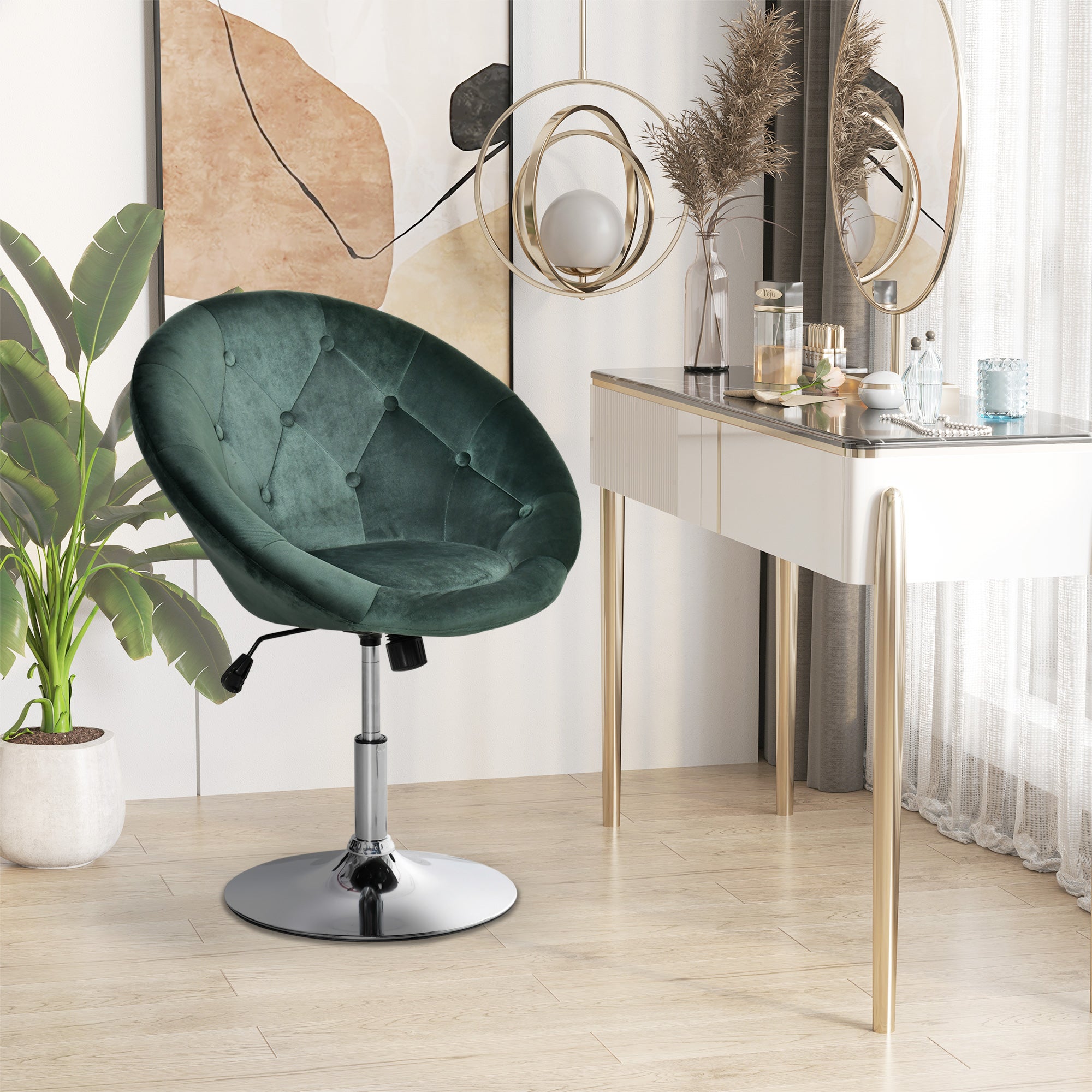 HOMCOM Swivel Dressing Stool, Velvet-feel Upholstered Vanity Chair, Adjustable Height Tub Makeup Chair with Button Tufting and Thick Padding, Breakfast Dining Chair, Green 