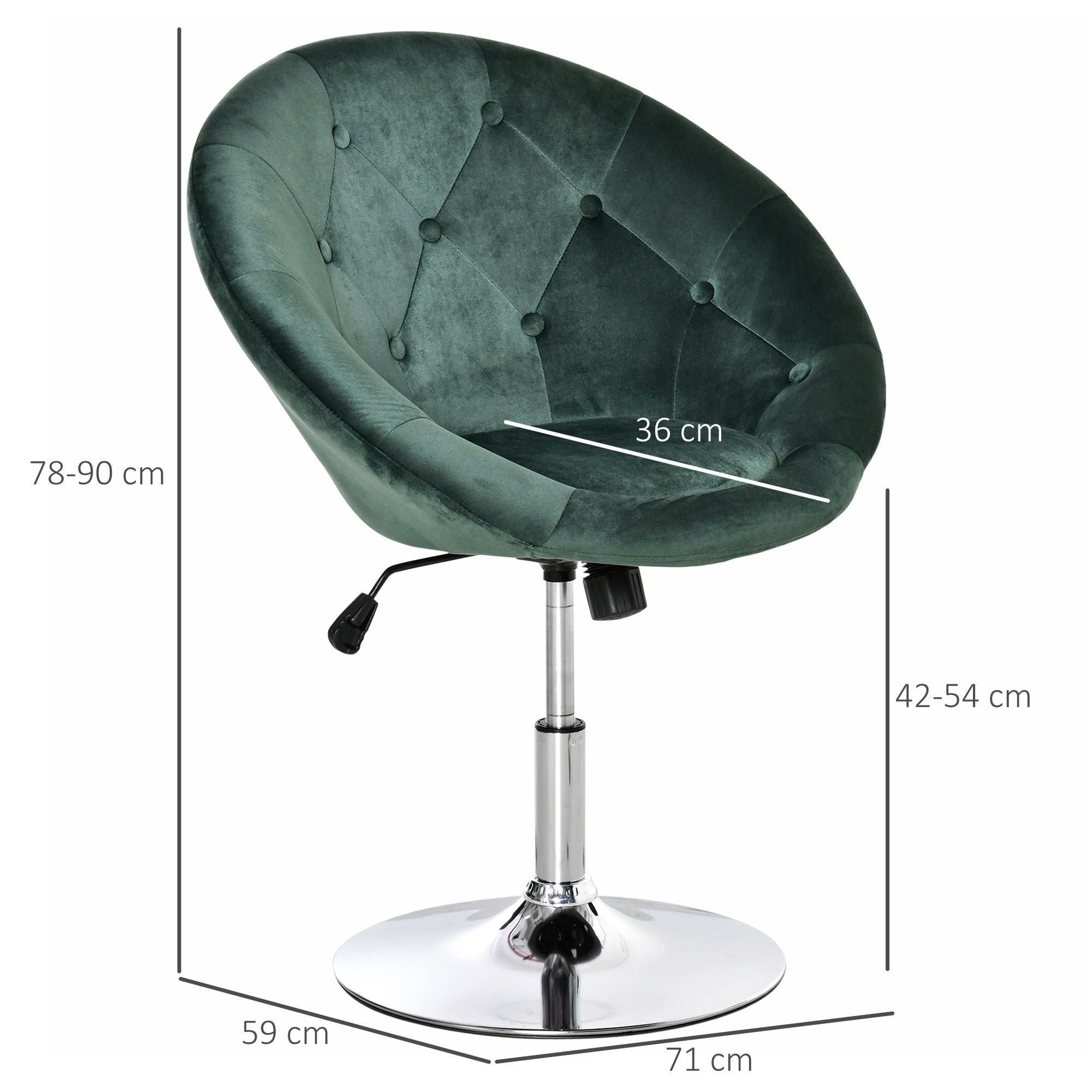 HOMCOM Swivel Dressing Stool, Velvet-feel Upholstered Vanity Chair, Adjustable Height Tub Makeup Chair with Button Tufting and Thick Padding, Breakfast Dining Chair, Green 