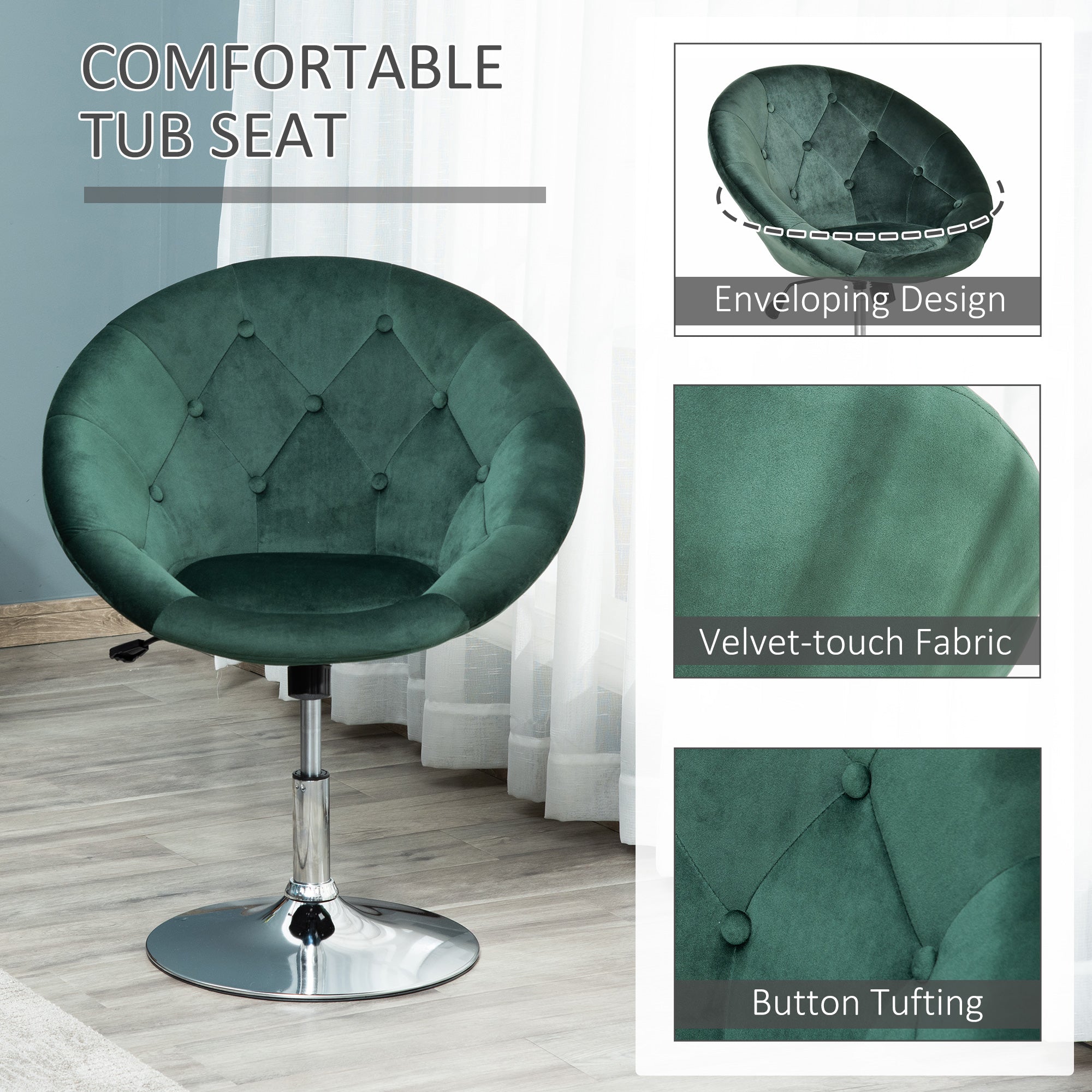 HOMCOM Swivel Dressing Stool, Velvet-feel Upholstered Vanity Chair, Adjustable Height Tub Makeup Chair with Button Tufting and Thick Padding, Breakfast Dining Chair, Green 