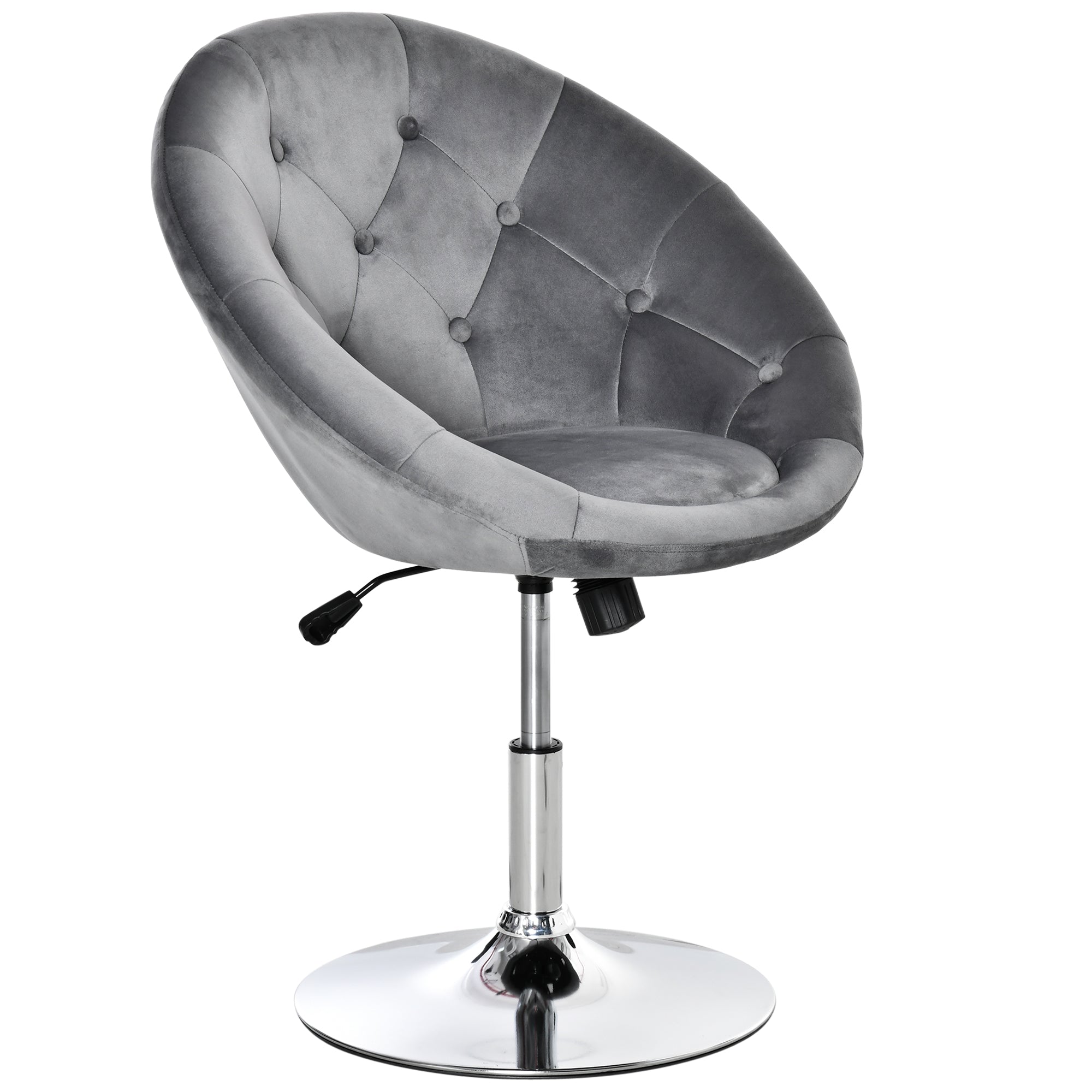 HOMCOM Swivel Dressing Stool, Velvet-feel Upholstered Vanity Chair, Adjustable Height Tub Makeup Chair with Button Tufting and Thick Padding, Breakfast Dining Chair, Grey 