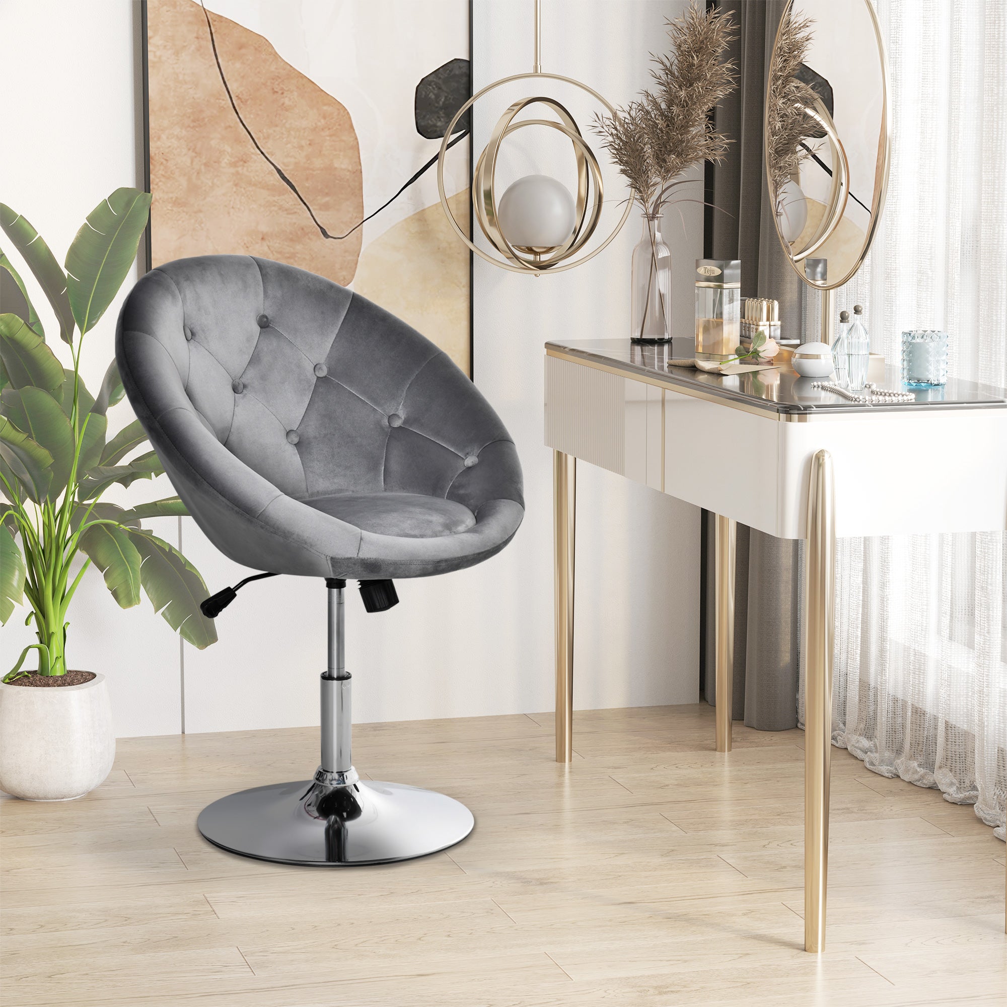 HOMCOM Swivel Dressing Stool, Velvet-feel Upholstered Vanity Chair, Adjustable Height Tub Makeup Chair with Button Tufting and Thick Padding, Breakfast Dining Chair, Grey 