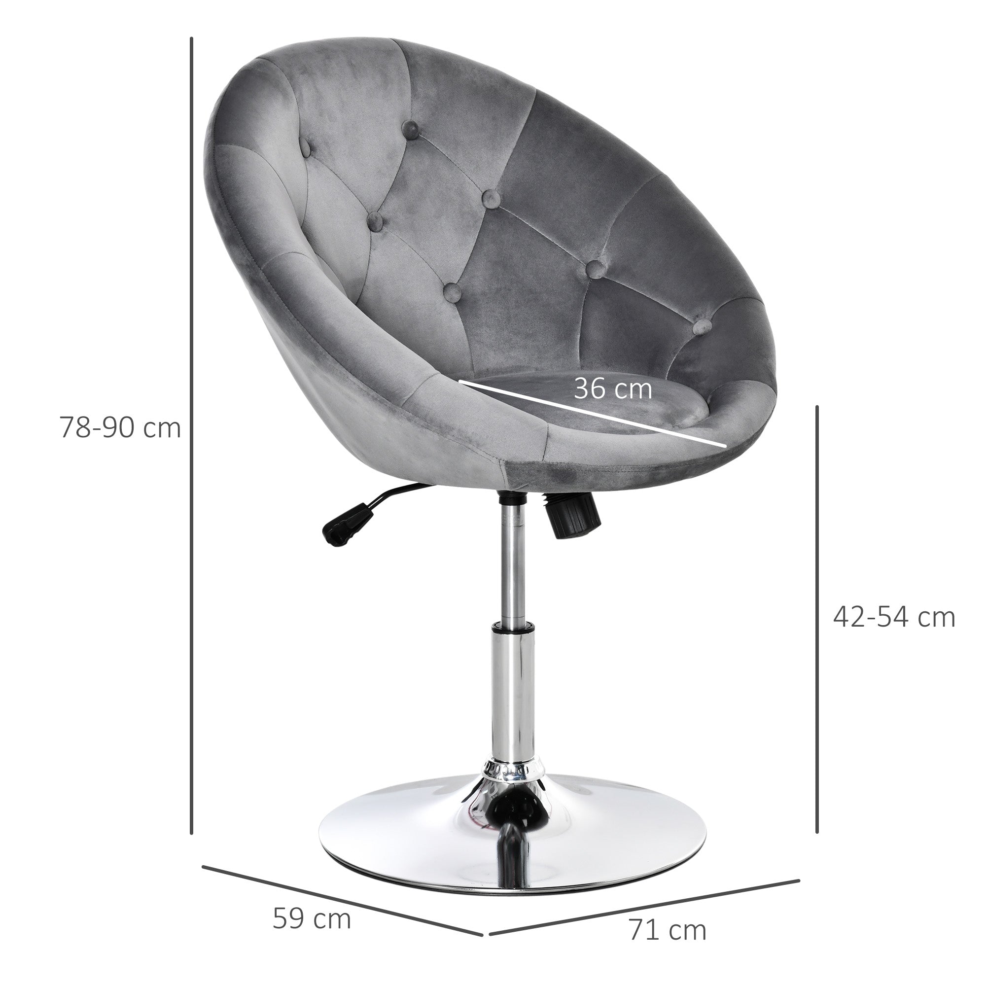 HOMCOM Swivel Dressing Stool, Velvet-feel Upholstered Vanity Chair, Adjustable Height Tub Makeup Chair with Button Tufting and Thick Padding, Breakfast Dining Chair, Grey 