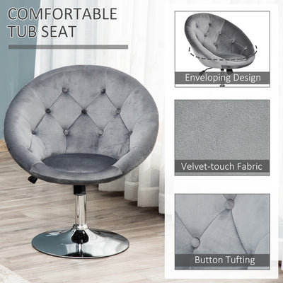HOMCOM Swivel Dressing Stool, Velvet-feel Upholstered Vanity Chair, Adjustable Height Tub Makeup Chair with Button Tufting and Thick Padding, Breakfast Dining Chair, Grey 