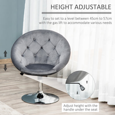 HOMCOM Swivel Dressing Stool, Velvet-feel Upholstered Vanity Chair, Adjustable Height Tub Makeup Chair with Button Tufting and Thick Padding, Breakfast Dining Chair, Grey 
