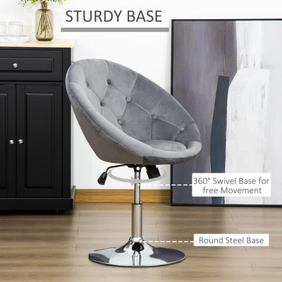 HOMCOM Swivel Dressing Stool, Velvet-feel Upholstered Vanity Chair, Adjustable Height Tub Makeup Chair with Button Tufting and Thick Padding, Breakfast Dining Chair, Grey 