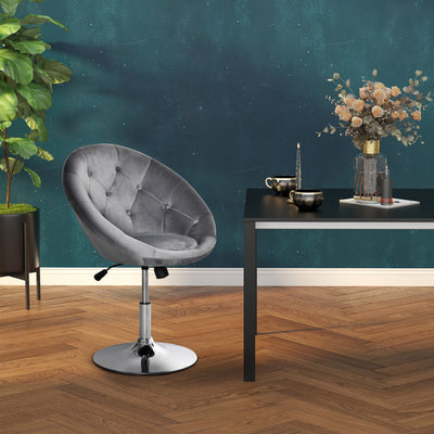 HOMCOM Swivel Dressing Stool, Velvet-feel Upholstered Vanity Chair, Adjustable Height Tub Makeup Chair with Button Tufting and Thick Padding, Breakfast Dining Chair, Grey 