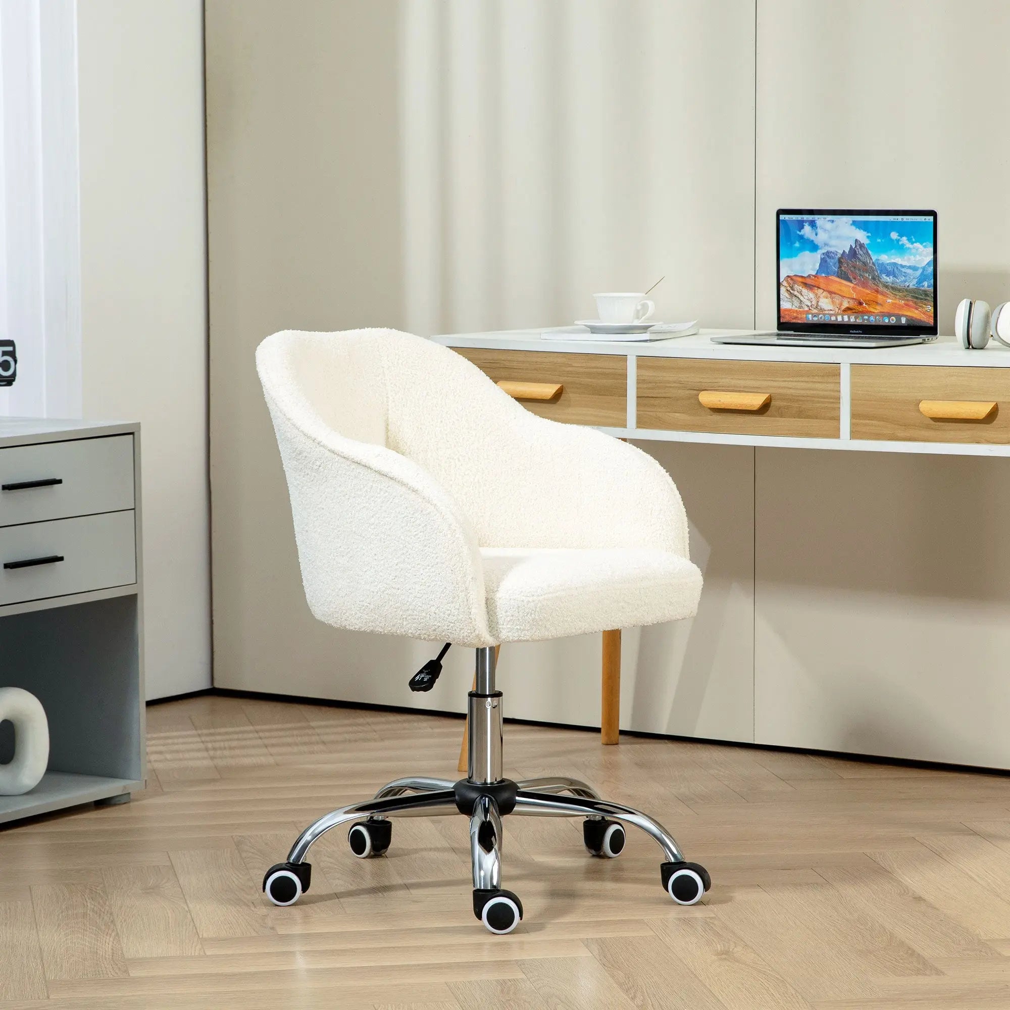 HOMCOM Teddy Fleece Swivel Office Chair - Cream 