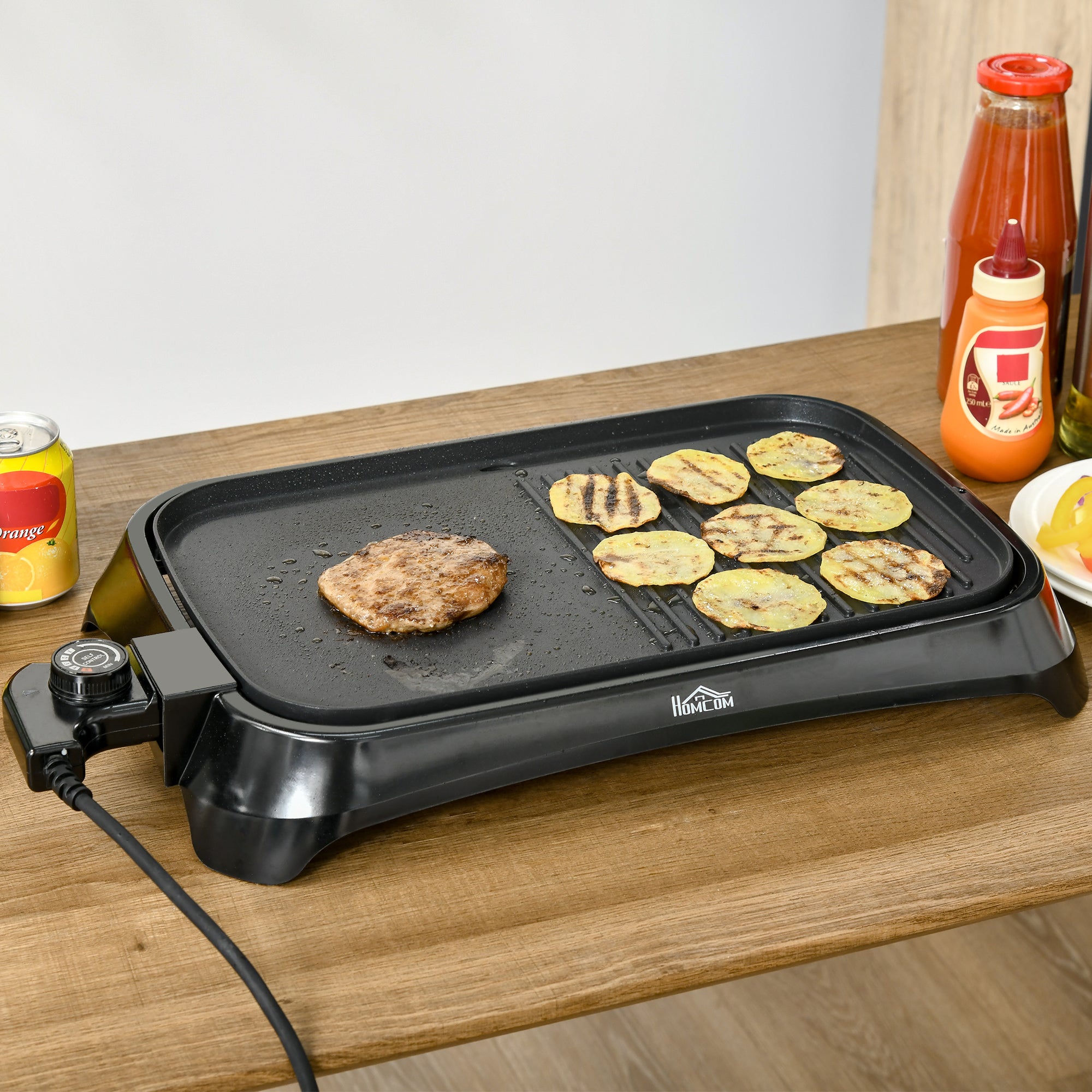 HOMCOM Teppanyaki Grill, 1600W Non Stick Table Top Grill, Barbecue Hot Plate with Adjustable Temperature and Drip Tray 