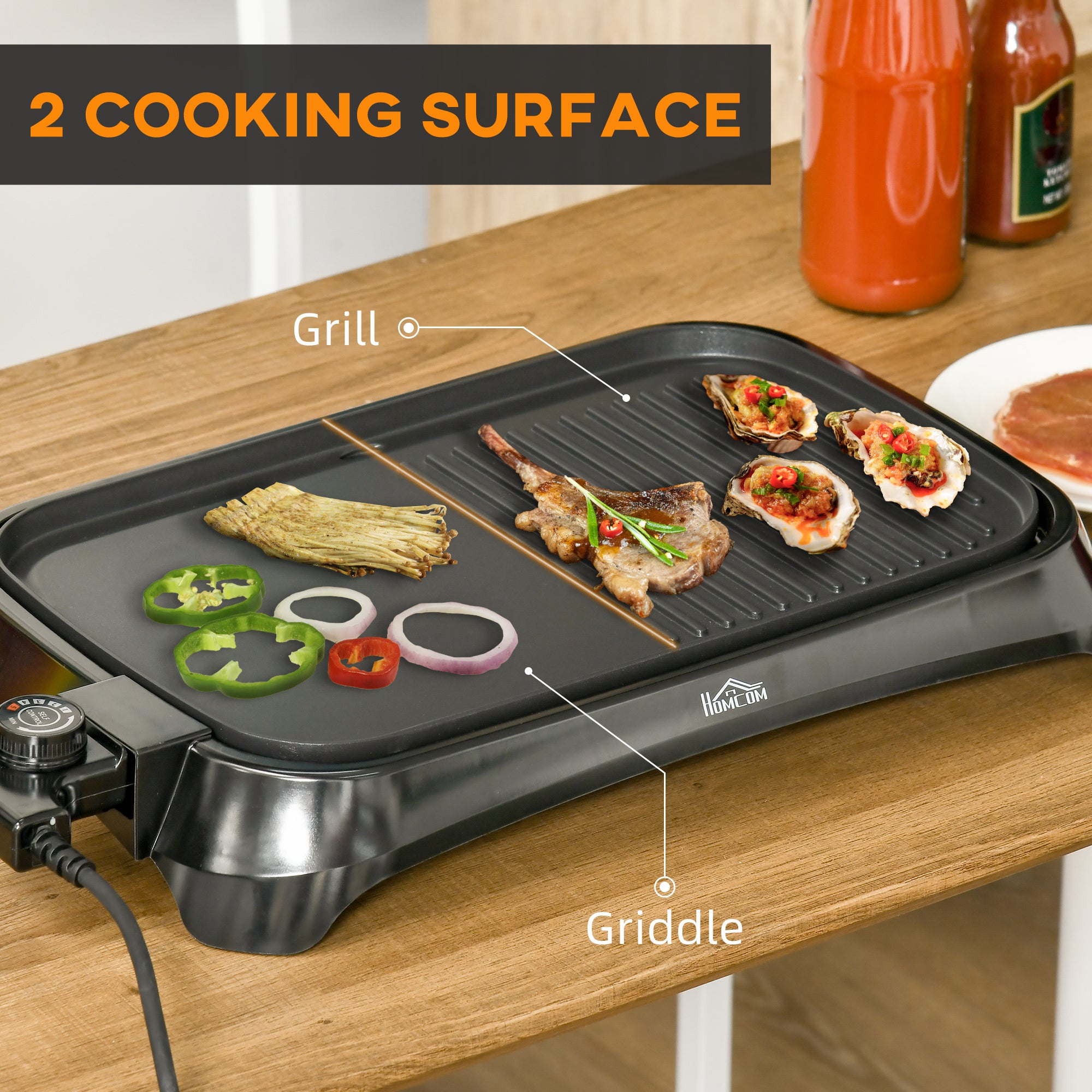 HOMCOM Teppanyaki Grill, 1600W Non Stick Table Top Grill, Barbecue Hot Plate with Adjustable Temperature and Drip Tray 