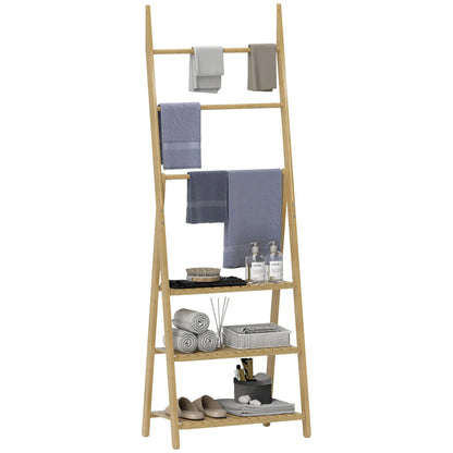 HOMCOM Three-Shelf Bamboo Storage Unit, with Towel Racks - Natural Finish 