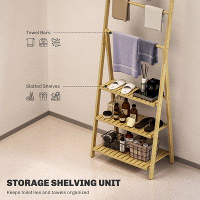 HOMCOM Three-Shelf Bamboo Storage Unit, with Towel Racks - Natural Finish 