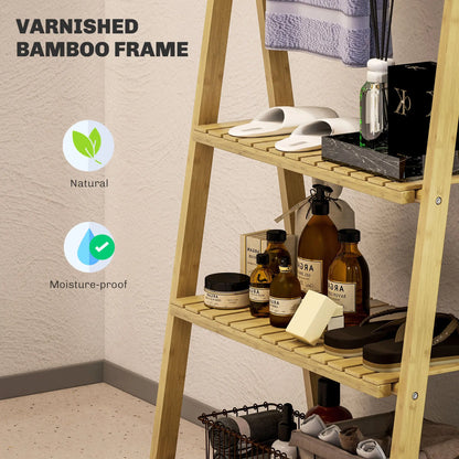 HOMCOM Three-Shelf Bamboo Storage Unit, with Towel Racks - Natural Finish 