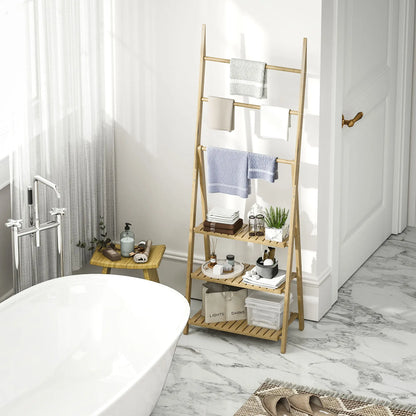 HOMCOM Three-Shelf Bamboo Storage Unit, with Towel Racks - Natural Finish 