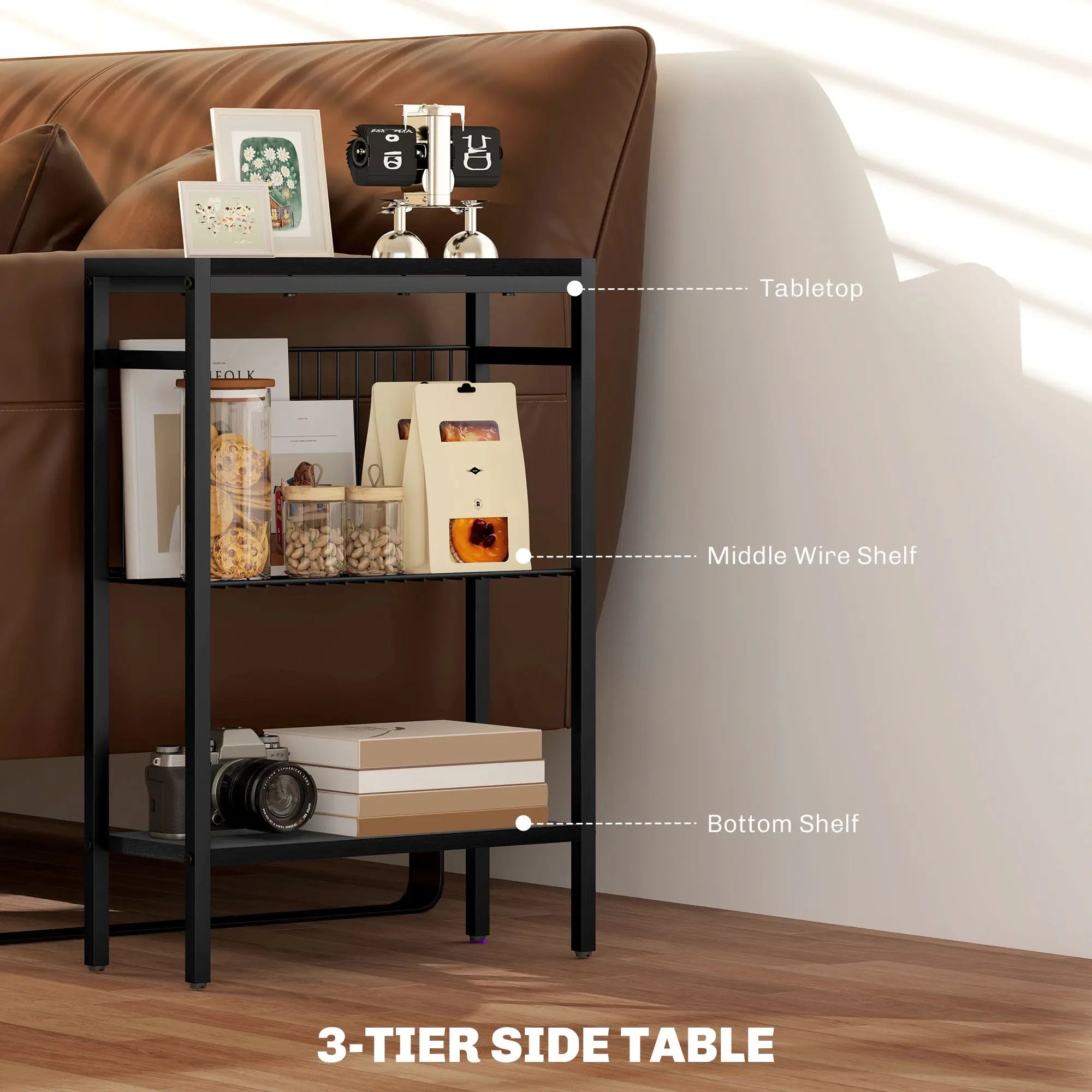 HOMCOM Three Shelf Industrial Side Table, Black 