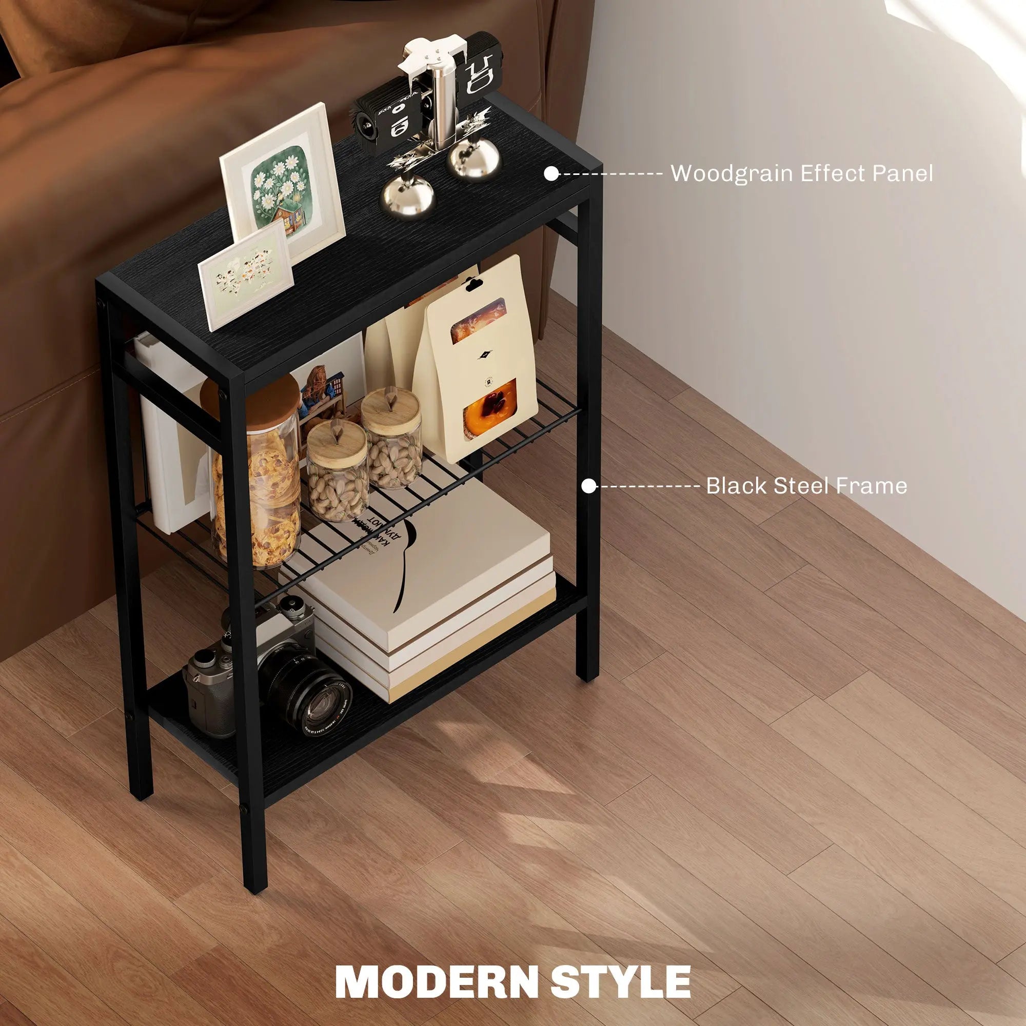 HOMCOM Three Shelf Industrial Side Table, Black 