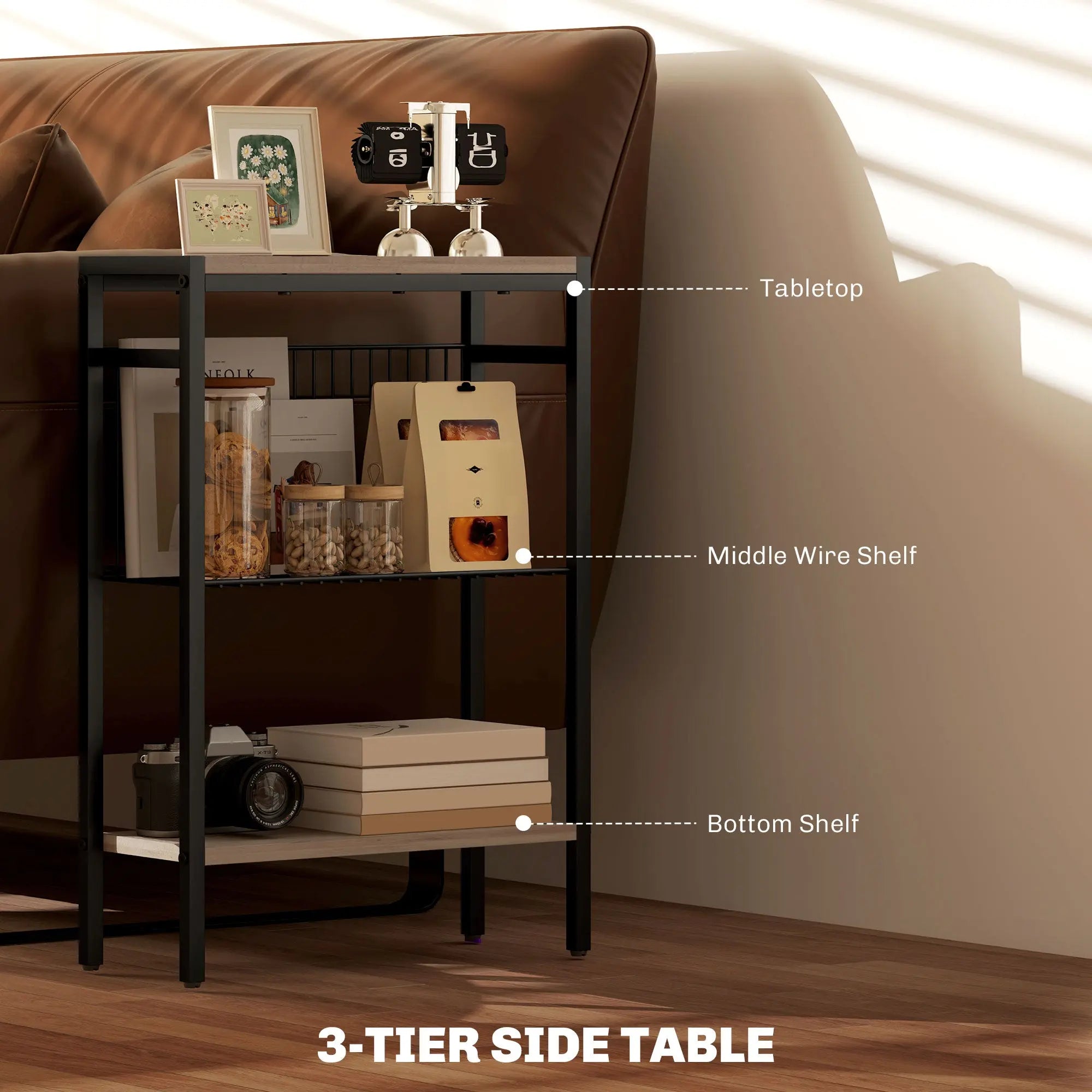 HOMCOM Three Shelf Industrial Side Table, Grey 