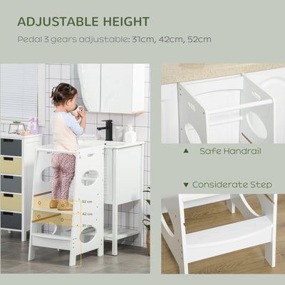 HOMCOM Toddler Step Stool Kids Adjustable Standing Tower with Safety Rail for Kitchen Counter White 