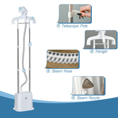 HOMCOM Upright Garment Clothes Steamer with 6 Steam Setting, 45s Fast Heat-up, 1.7L Water Tank and 45min Steamer, Wrinkle and Odour Remover, White 
