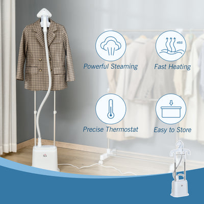 HOMCOM Upright Garment Clothes Steamer with 6 Steam Setting, 45s Fast Heat-up, 1.7L Water Tank and 45min Steamer, Wrinkle and Odour Remover, White 