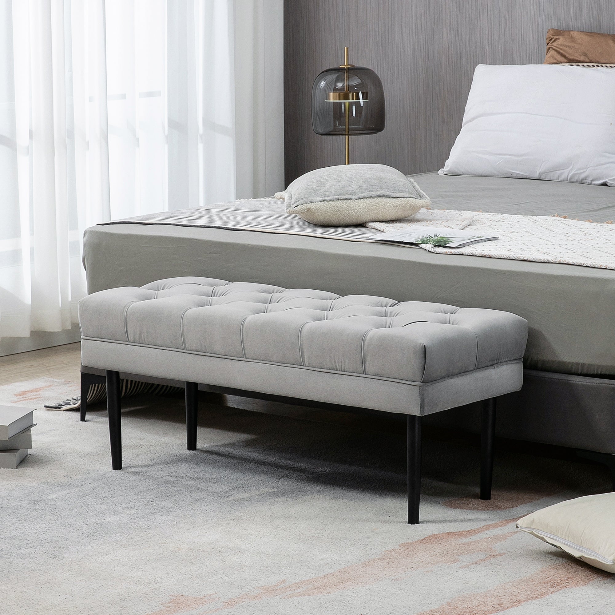HOMCOM Velvet Bed End Bench, Button Tufted Window Seat, Hallway Shoe Bench, Upholstered Accent Lounge Chair Stool for Living Room, Bedroom, Grey 