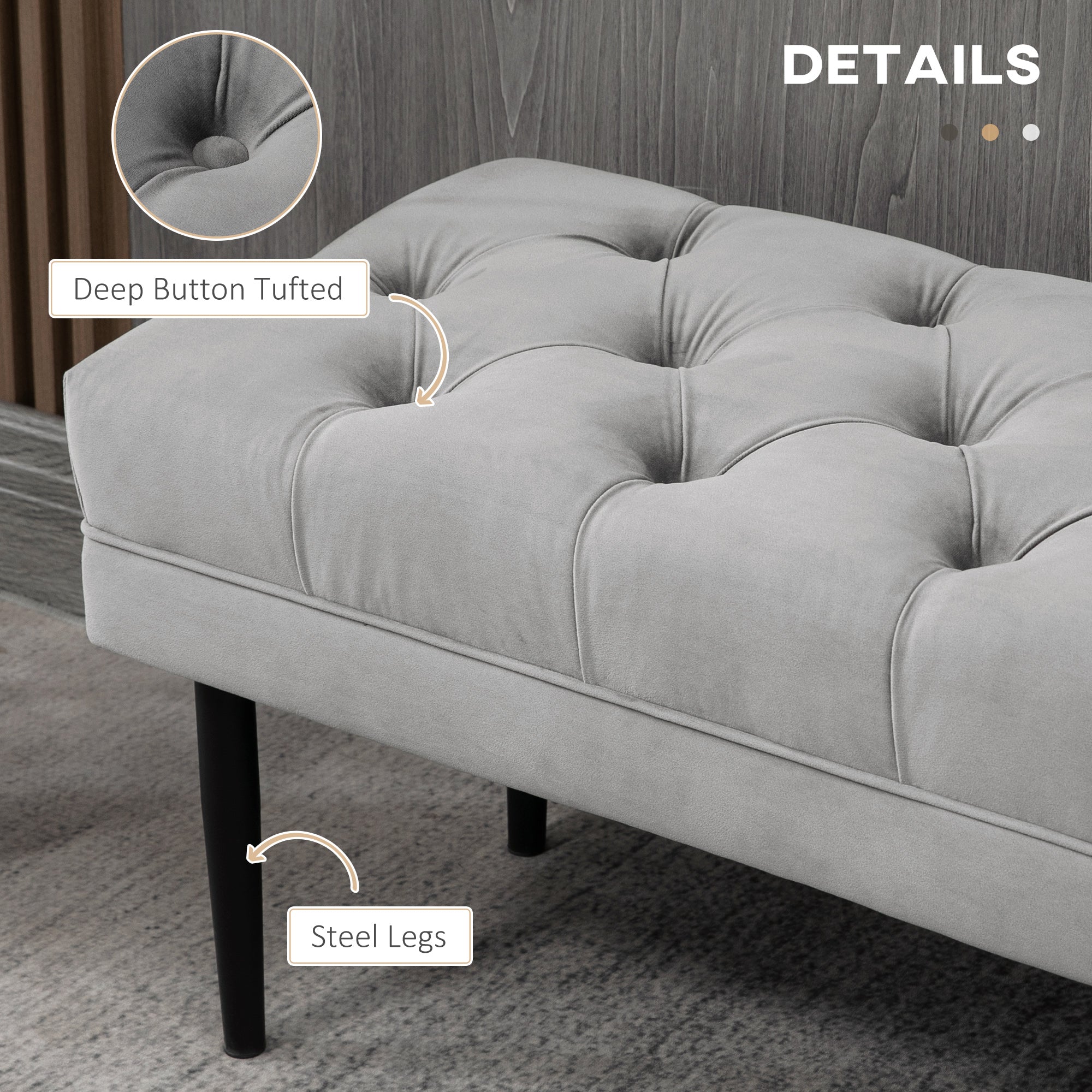 HOMCOM Velvet Bed End Bench, Button Tufted Window Seat, Hallway Shoe Bench, Upholstered Accent Lounge Chair Stool for Living Room, Bedroom, Grey 