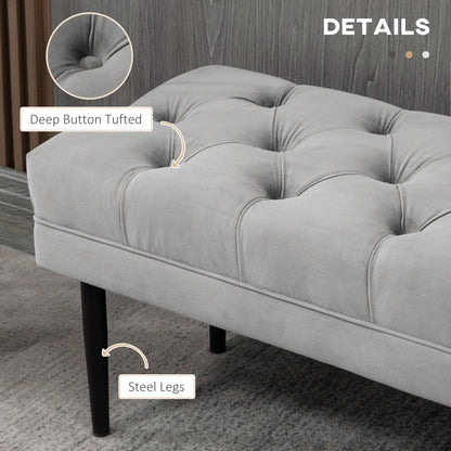 HOMCOM Velvet Bed End Bench, Button Tufted Window Seat, Hallway Shoe Bench, Upholstered Accent Lounge Chair Stool for Living Room, Bedroom, Grey 