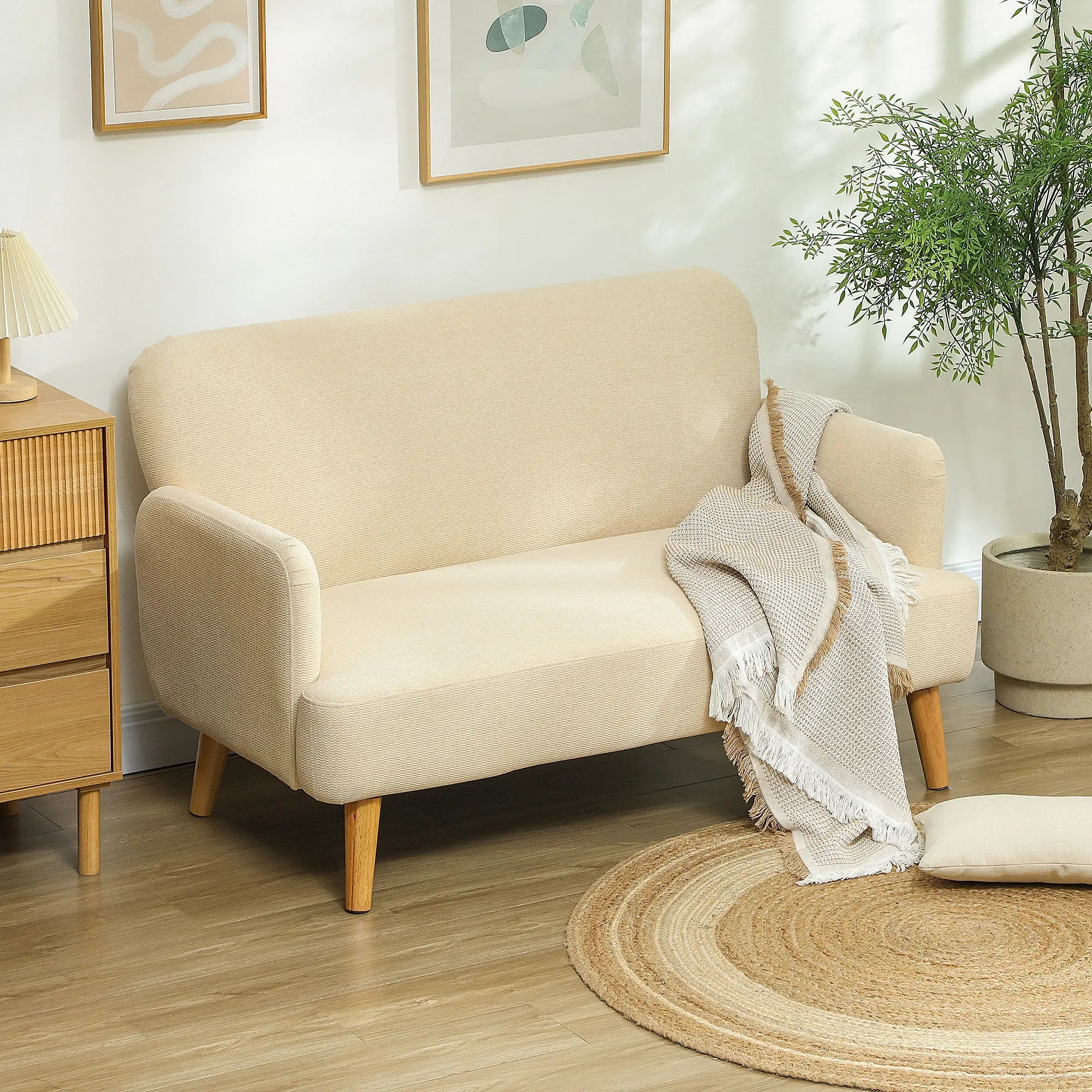HOMCOM Velvet Feel Fabric 2 Seater Sofa, Small Sofa Loveseat with 21cm Thick Padding and Wood Legs, Cream White 