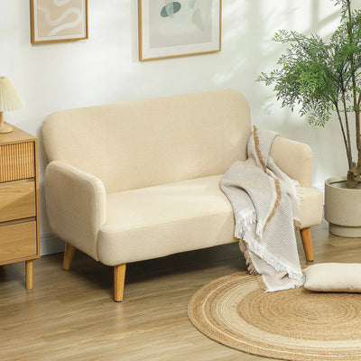 HOMCOM Velvet Feel Fabric 2 Seater Sofa, Small Sofa Loveseat with 21cm Thick Padding and Wood Legs, Cream White 