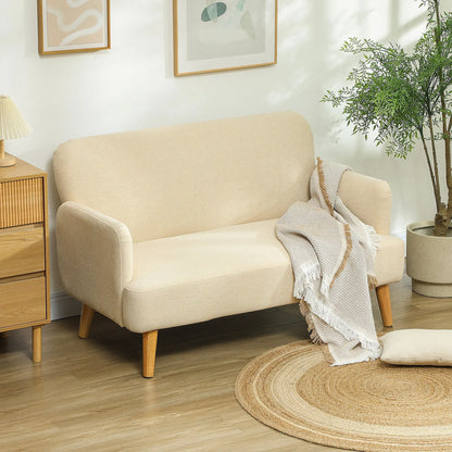 HOMCOM Velvet Feel Fabric 2 Seater Sofa, Small Sofa Loveseat with 21cm Thick Padding and Wood Legs, Cream White 