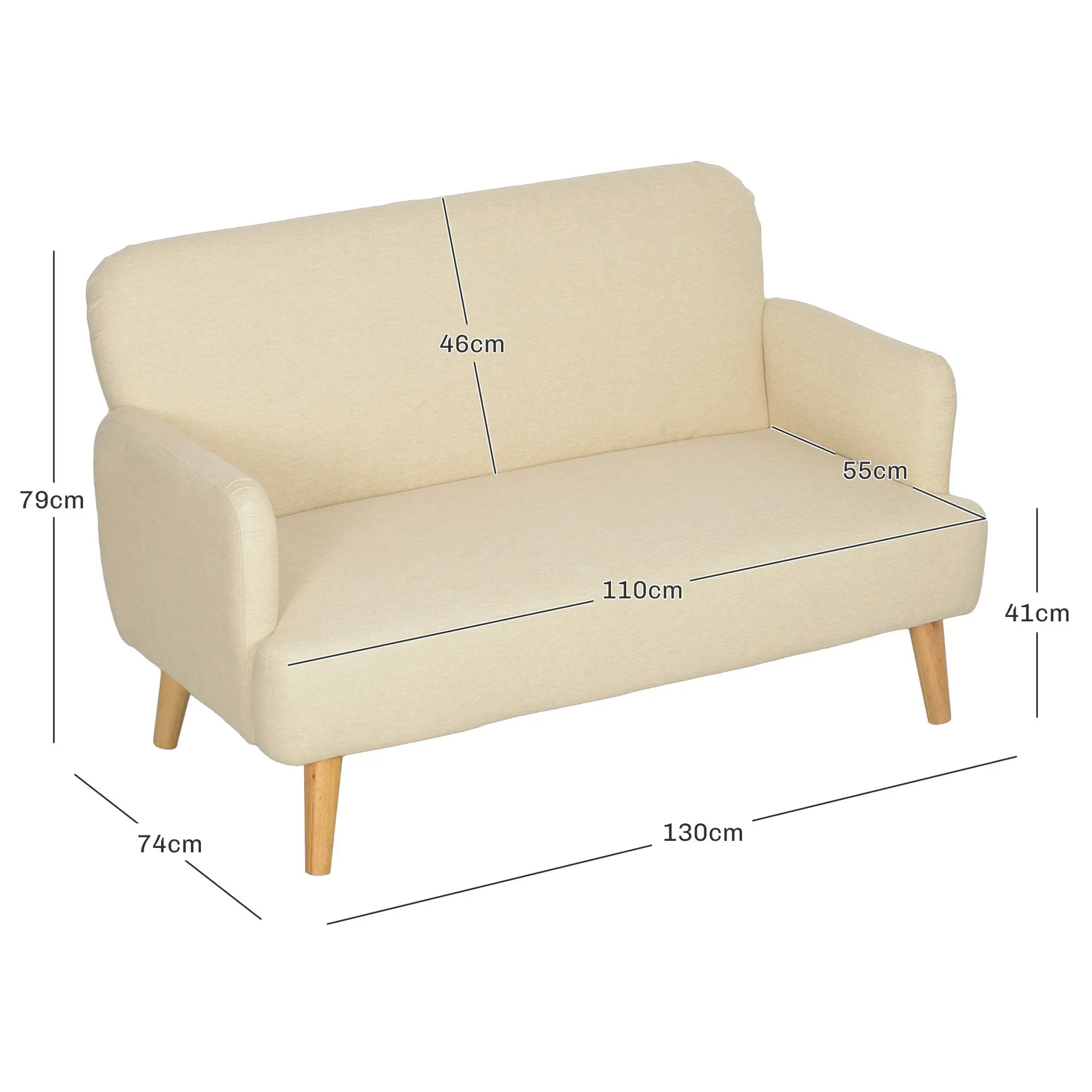 HOMCOM Velvet Feel Fabric 2 Seater Sofa, Small Sofa Loveseat with 21cm Thick Padding and Wood Legs, Cream White 