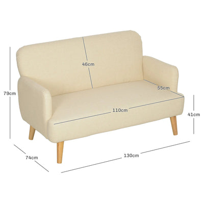 HOMCOM Velvet Feel Fabric 2 Seater Sofa, Small Sofa Loveseat with 21cm Thick Padding and Wood Legs, Cream White 